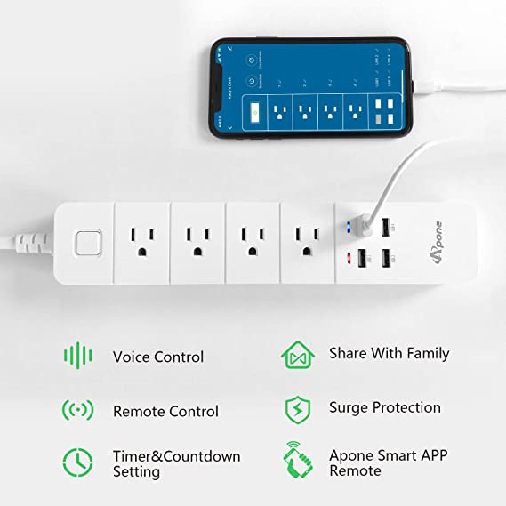 Apone APP-P4S4U Smart Wi-Fi 4 Outlet Surge with 4 USB Ports