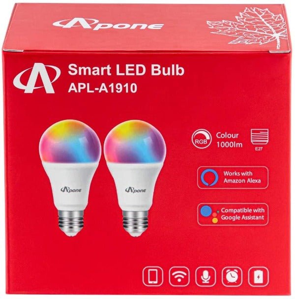 Apone APL-A19102PK Smart RGB 900 Lumen LED Bulbs (2 Pack)