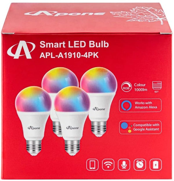 Apone APL-A19104PK Smart RGB 900 Lumen LED Bulbs (4 Pack)