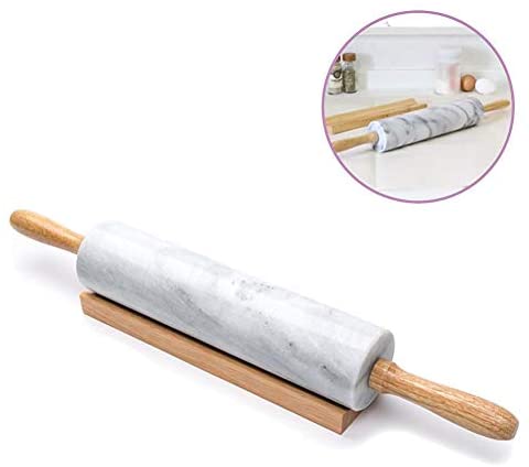 Primma 18 inch Solid White Marble Rolling Pin with Wood Base