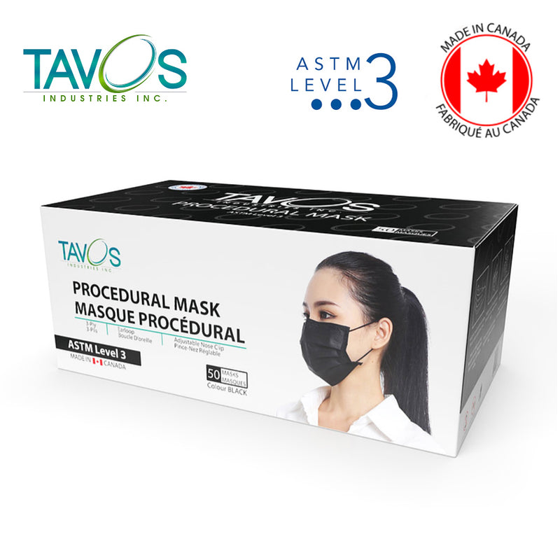 Tavos ASTM Level 3 Disposable Mask - Adult (50piece/box) (Black) (Made in Canada)